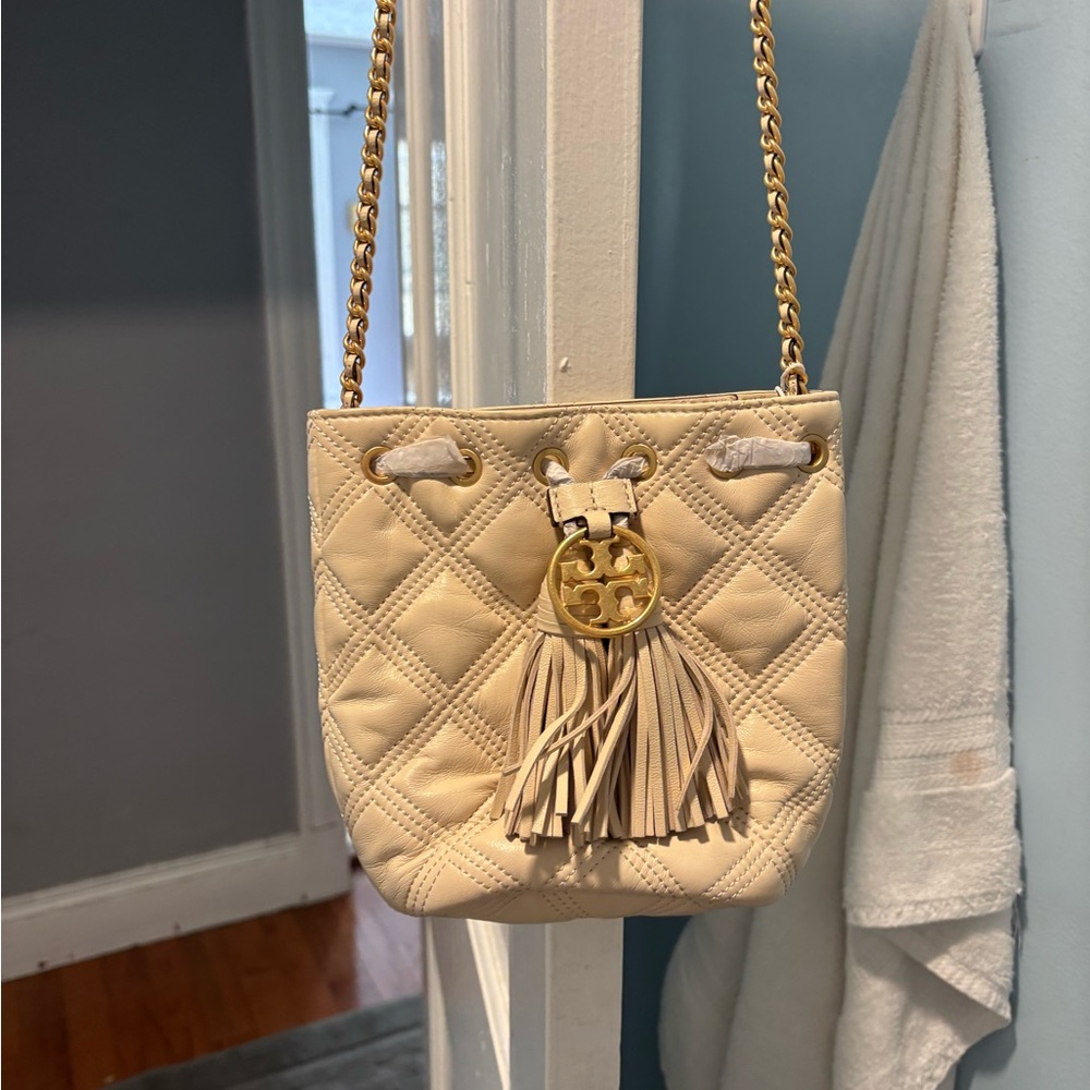 Tags still on, never used! Tory Burch Cream and Gold Mini Quilted Bag